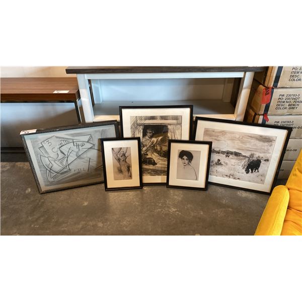 GROUP OF 5 FRAMED PENCIL SKETCHINGS ASSORTED SIZES