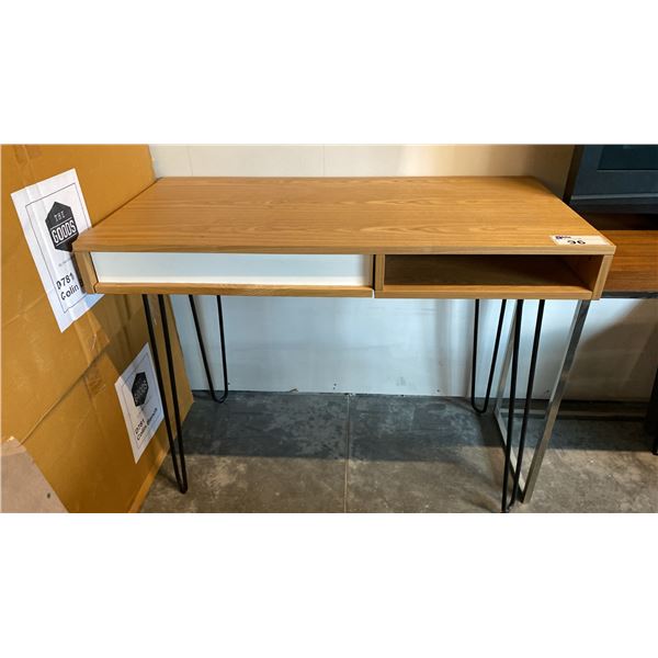 NATURAL FINISH WOOD TOP WITH BLACK METAL BASE SINGLE DRAWER WRITING DESK APPROX 22" X 44"