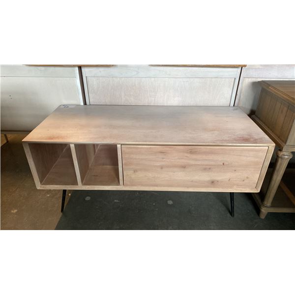 CONTEMPORARY SOLID ACACIA WITH BLACK METAL LEGS MEDIA STAND APPROX 48" X 20"