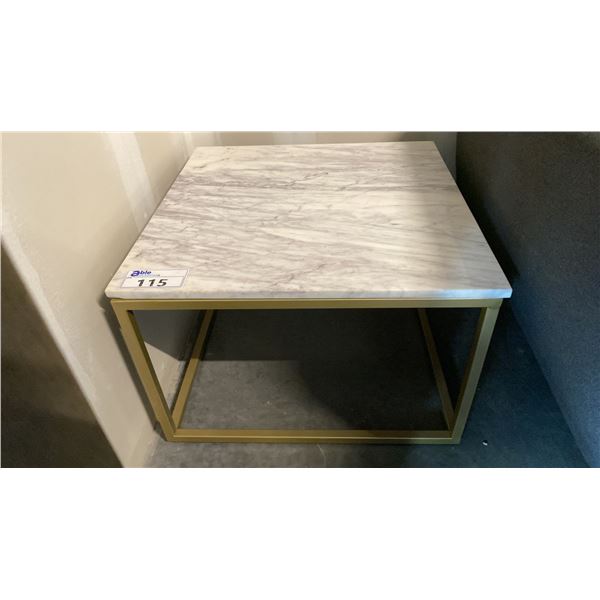 WHITE MARBLE TOP WITH BRASS FINISH METAL BASE CONDO COFFEE TABLE APPROX 24" X 24"