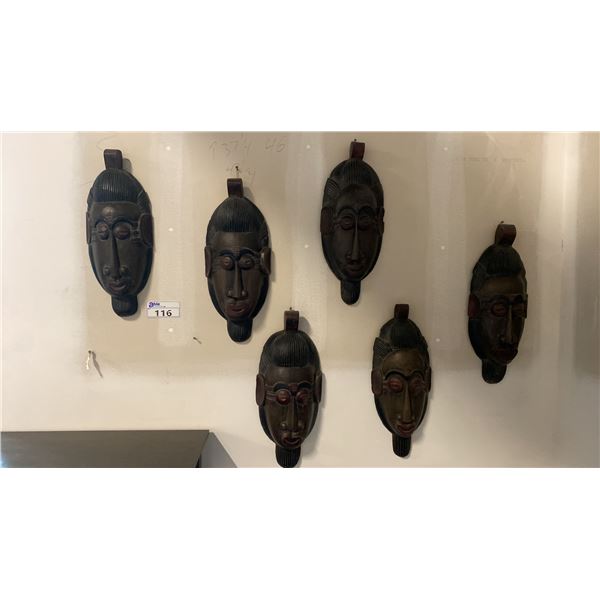 GROUP OF 6 INDONESIAN HAND CARVED WOOD DECORATIVE MASKS APPROX 18" X 8"