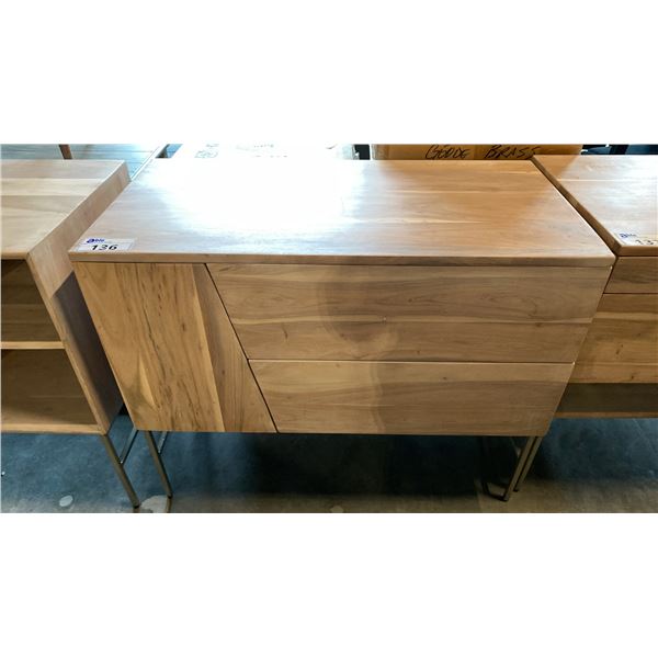 SOLID ACACIA 2 DRAWER/ 1 CUPBOARD WITH METAL LEGS WASHED WHITE FINISH SIDEBOARD/CREDENZA/VANITY/