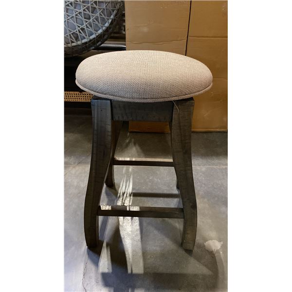 PAIR OF SWIVEL COUNTER HEIGHT STOOLS- BEIGE WITH WEATHERED GREY LEGS