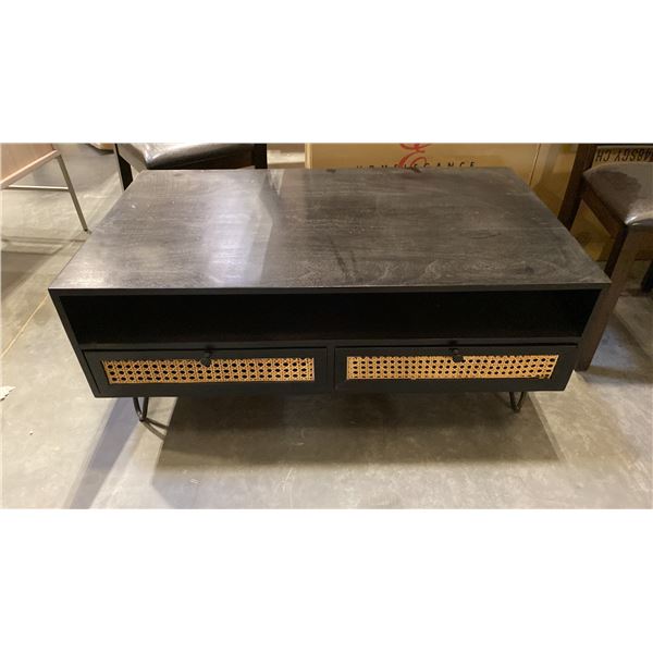 SOLID ACACIA ANTIQUE BLACK FINISH WITH CANE FRONT DRAWERS COFFEE TABLE