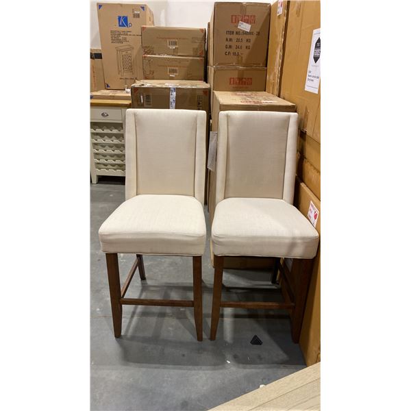PAIR OF 29" BAR STOOLS- BEIGE UPHOLSTERED WITH BROWN WOOD LEGS
