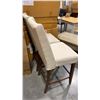 Image 3 : PAIR OF 29" BAR STOOLS- BEIGE UPHOLSTERED WITH BROWN WOOD LEGS