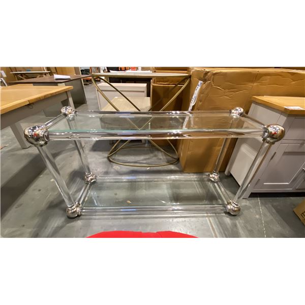 STAINLESS STEEL & LUCITE GLASS TOP CONSOLE TABLE