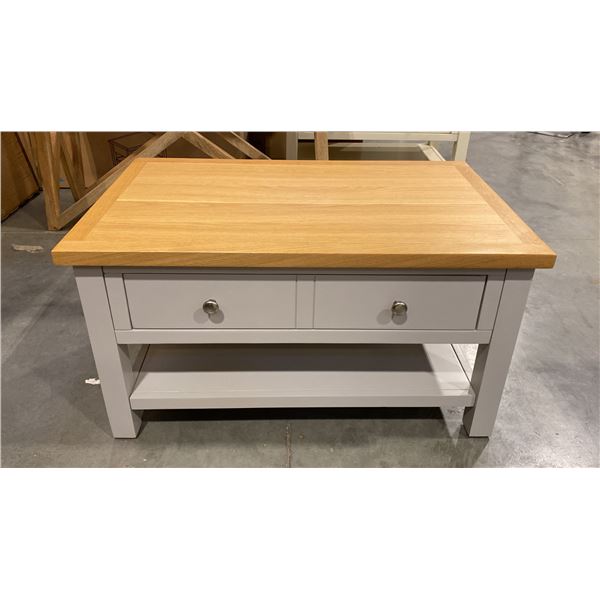 LIGHT GREY NATURAL WOOD TOP CONDO COFFEE TABLE APPROX 34" X 22"