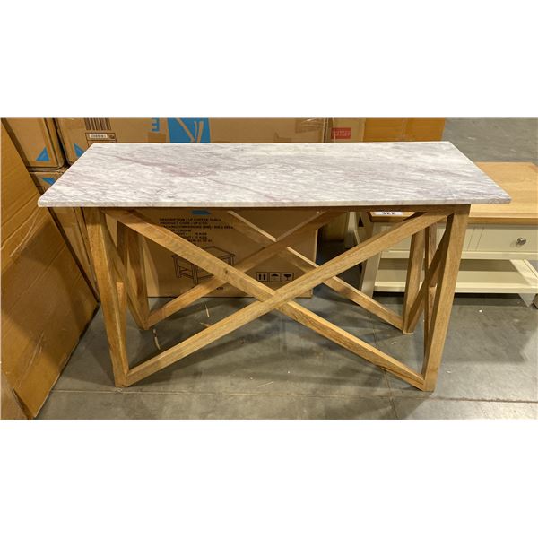 WHITE MARBLE TOP WOOD BASE HALL/CONSOLE TABLE APPROX 44" X 16"