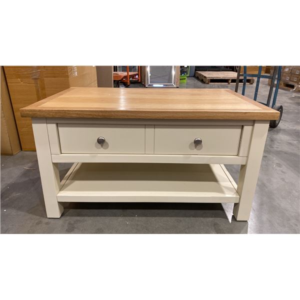 ANTIQUE WHITE NATURAL WOOD TOP CONDO COFFEE TABLE APPROX 34" X 22"