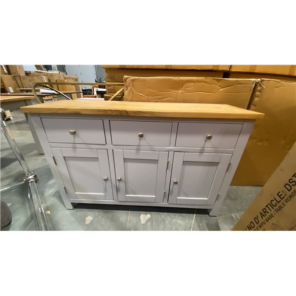 2 TONE GREY WITH NATURAL TOP 3 DRAWER, 3 DOOR BUFFET/SIDEBOARD/HALL TABLE APPROX 49" X 14"