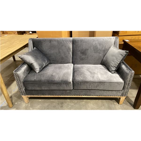 GREY ULTRAVELVET LOVESEAT WITH METAL ACCENTS APPROX 63"