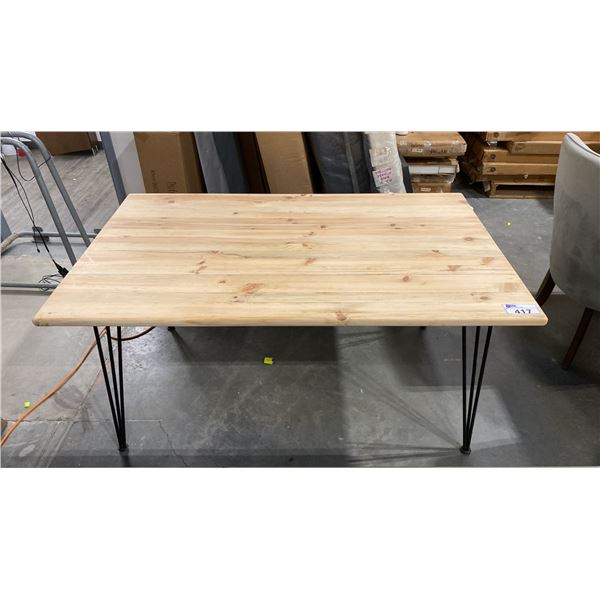 SOLID PINE DINING TABLE WITH BLACK METAL LEGS APPROX 60" X 36"