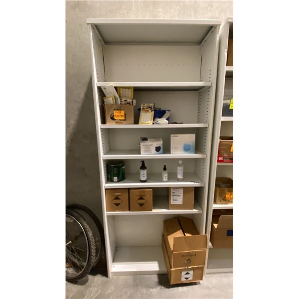 WHITE METAL ADJUSTABLE SHELVING UNIT WITH CONTENTS INCLUDING RETAIL TAG GUNS, FLOOR PROTECTORS,