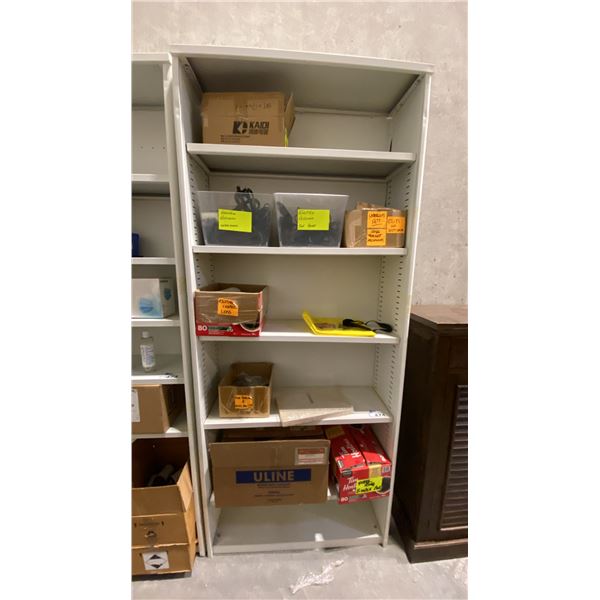 WHITE METAL ADJUSTABLE SHELVING UNIT WITH CONTENTS INCLUDING POWER RECLINER PARTS, GARDEN TOOLS