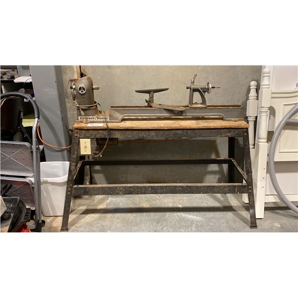 ANTIQUE ROCKWELL/BEAVER WOOD LATHE ON METAL STAND APPROX 48"L