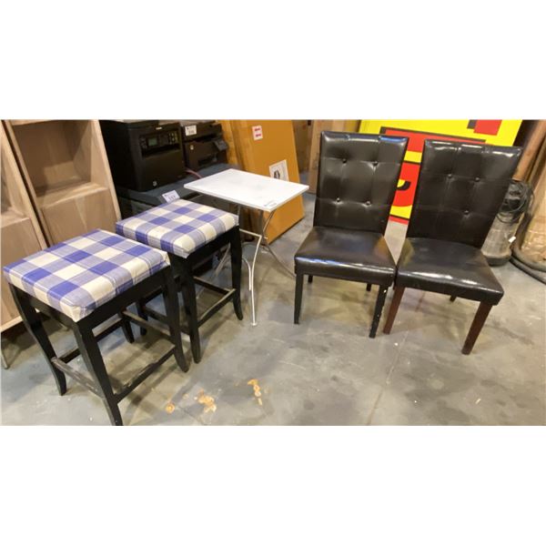 2 COUNTER HEIGHT STOOLS, 2 VINYL PADDED CHAIRS & SMALL FOLDING TABLE