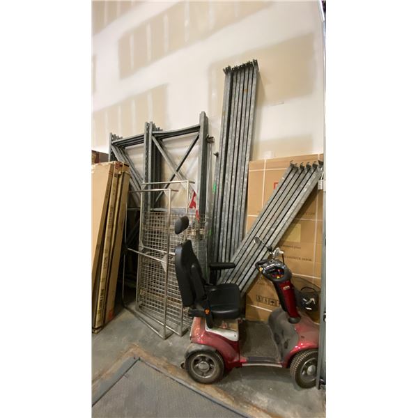 METAL RACKING 7- 9' X 3' UPRIGHTS, 8- 11' BEAMS, 8- 8' BEAMS & 3 PIECES OF MESH DECKING