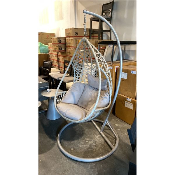 GREY WICKER HANGING EGG CHAIR WITH STAND