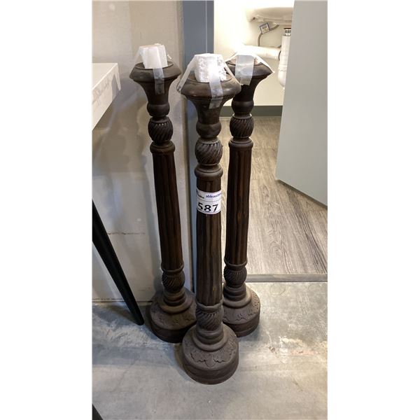 3 WOODEN PILLAR CANDLE STICKS *ONE HAS CRACK ON BASE*