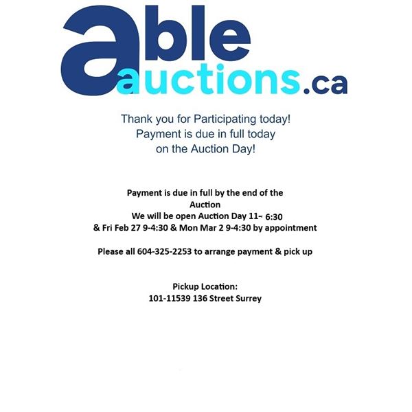 All items must be removed Thu Feb 26 11am-6:30pm & Fri Feb 27 9AM - 4:30 pm & Mon Mar 2 9-4:30pm