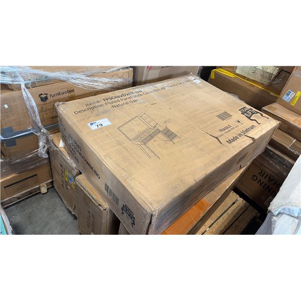 PALLET OF FURNITURE INCL NATURAL OAK MODERN MAKEUP VANITY DESK, DRESSER AND MORE