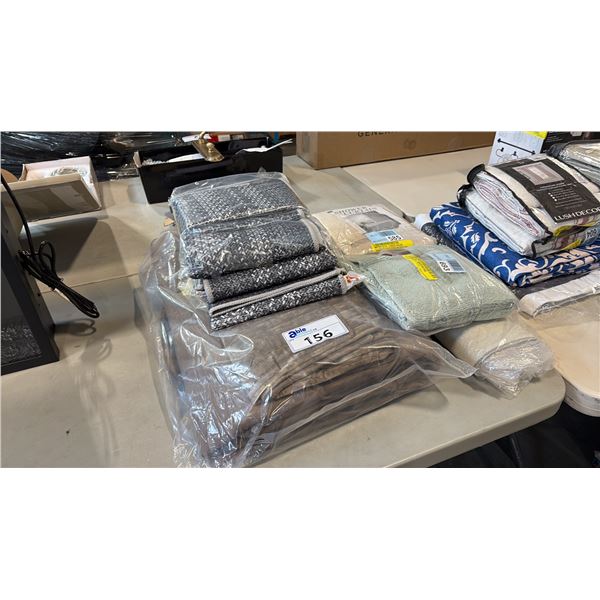 MISC HOUSEHOLD ITEMS INCL SHOWER CURTAIN, TALESMA TOWEL, ASSORTED MATS AND BROWN DUVET SET