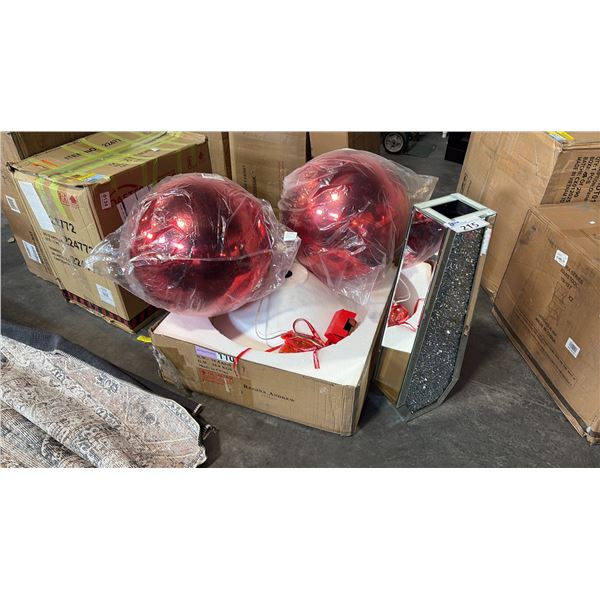 CONCRETE PENDANT LAMP, 2 LARGE RED CHRISTMAS ORBS AND MIRRORED FLOOR VASE (MINOR CRACK)
