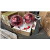 Image 1 : CONCRETE PENDANT LAMP, 2 LARGE RED CHRISTMAS ORBS AND MIRRORED FLOOR VASE (MINOR CRACK)
