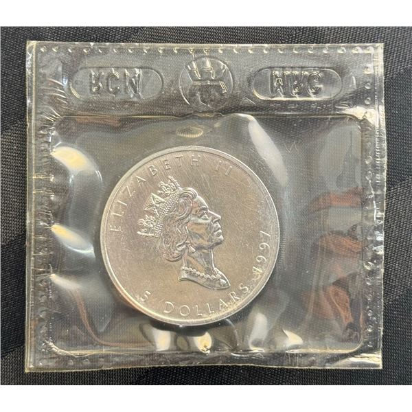 CANADIAN MAPLE LEAF 1 TROY OUNCE OF .9999 FINE SILVER $5 SILVER COIN - 1997; BRILLIANT UNCIRCULATED