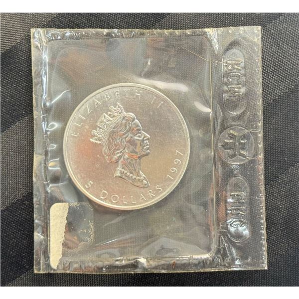 CANADIAN MAPLE LEAF 1 TROY OUNCE OF .9999 FINE SILVER $5 SILVER COIN - 1997; BRILLIANT UNCIRCULATED