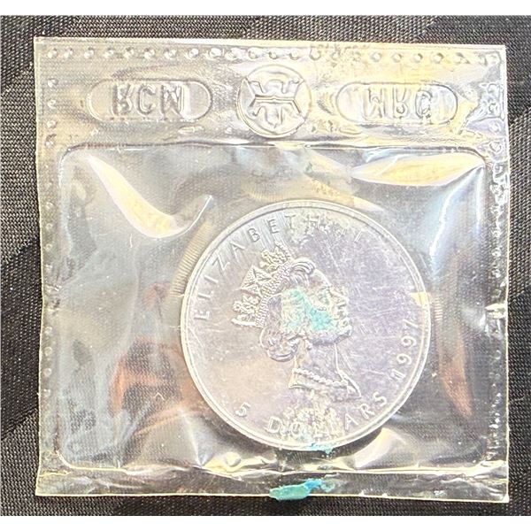 CANADIAN MAPLE LEAF 1 TROY OUNCE OF .9999 FINE SILVER $5 SILVER COIN - 1997; BRILLIANT UNCIRCULATED