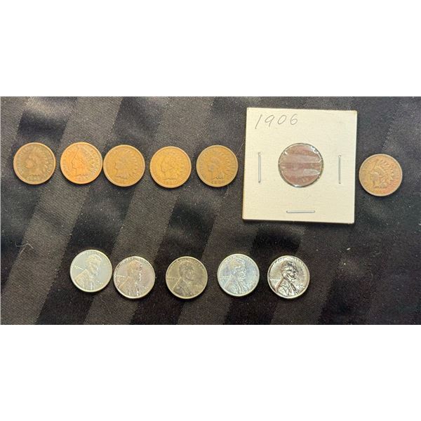 PENNIES - INDIAN HEAD CENTS (X7) AND 1943 "STEEL" PENNIES (X5)