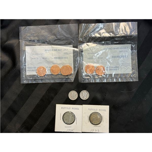 MERCURY SILVER DIMES (X2); INDIAN HEAD (BUFFALO) NICKEL (X2); LINCOLN CENTS - UNCIRCULATED-60 (X6)
