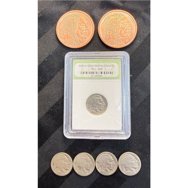 TWO BUFFALO NICKEL REPLICA COPPER BULLION ROUNDS - 1 OUNCE .999 FINE COPPER EACH; INDIAN HEAD (BUFFA