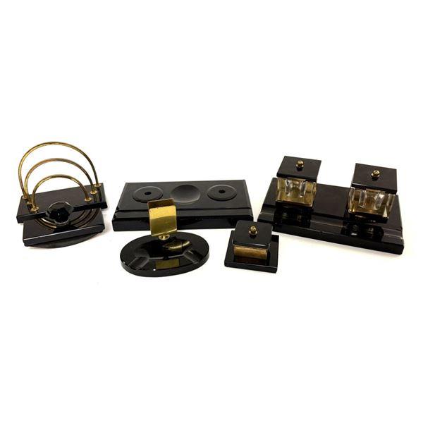 Art Deco Black Lacquer & Glass Desk Set