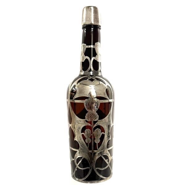Art Nouveau Sterling Silver Overlay Glass Decanter