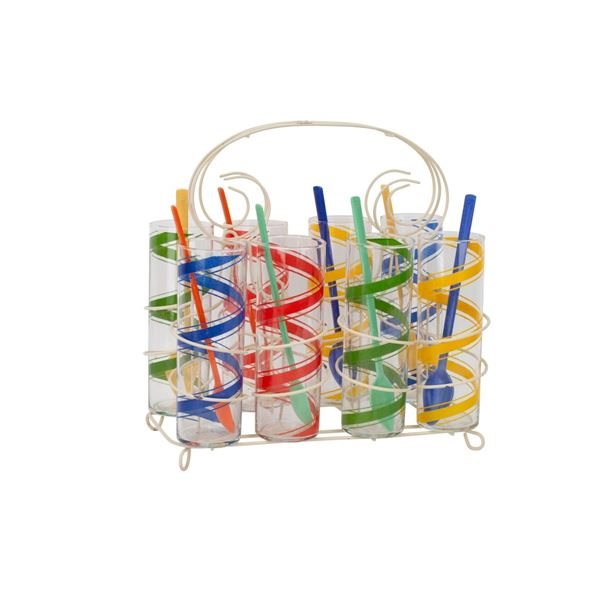 Retro Highball Glasses with Carrier & Spoons