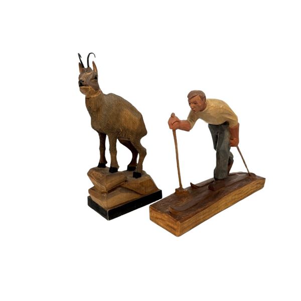 Black Forest Wooden Sculptures - Goat & Skiier