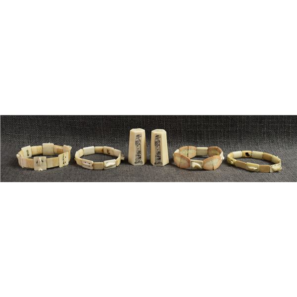 FOUR INUIT IVORY BRACELETS AND SALT  &PEPPER SHAKER