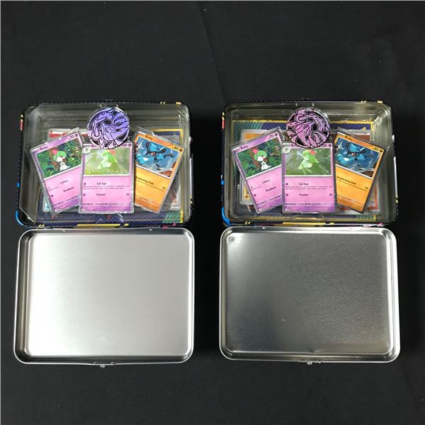 2 LOTS OF POKEMON TCG TINS WITH CARDS
