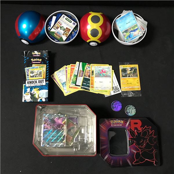LOT OF POKEMON TCG MEMORABILIA INCLUDING TINS AND POKEBALLS