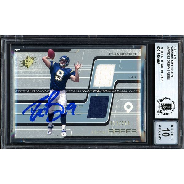 2001 SPX WINNING MATERIALS DREW BREES SIGNED ROOKIE CARD - BECKETT GRADE 10