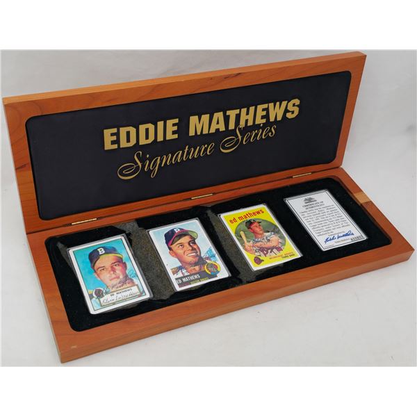 EDDIE MATHEWS SIGNATURE SERIES COLLECTORS BOX WITH 4 BASEBALL TRADING CARDS