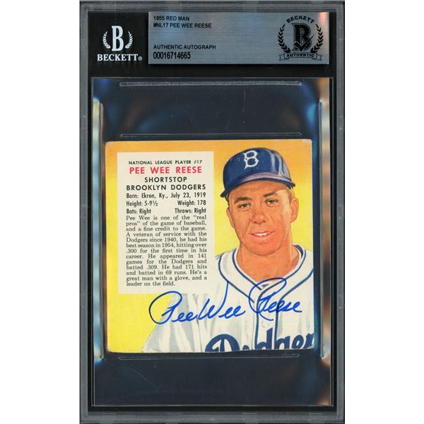 1955 RED MAN PEE WEE REESE SIGNED TRADING CARD - BECKETT COA