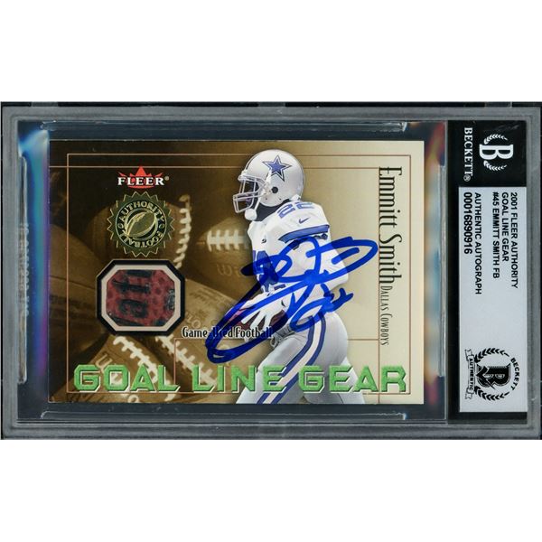 2001 FLEER AUTHORITY GOAL LINE GEAR EMMITT SMITH SIGNED ROOKIE CARD - BECKETT COA