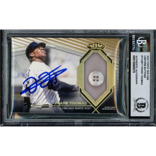 2022 TOPPS TIER ONE UNIFORM BUTTONS FRANK THOMAS SIGNED TRADING CARD 3/5 - BECKETT COA