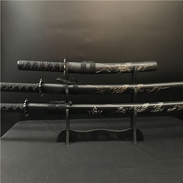 SET OF 3 SAMURAI SWORDS ON STAND