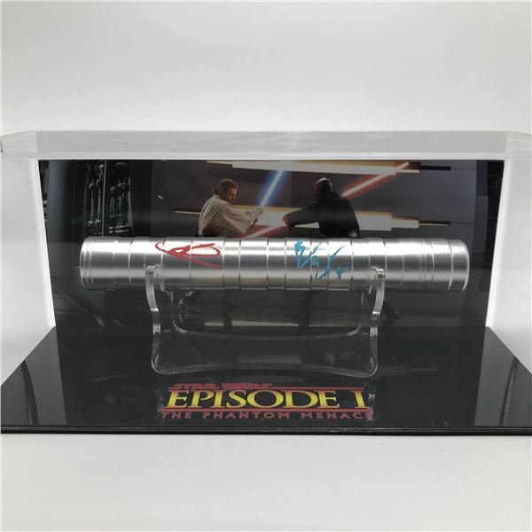 EWAN MACGREGOR AND RAY PARK DUAL  SIGNED DARTH MAUL LIGHTSABER HILT PRESENTATION PIECE - WWOC COA