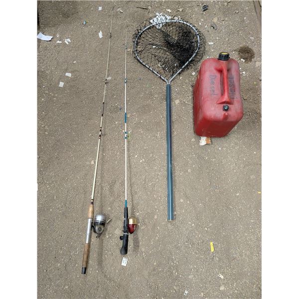 Lot of Fishing Rods, net, and Jerry Can